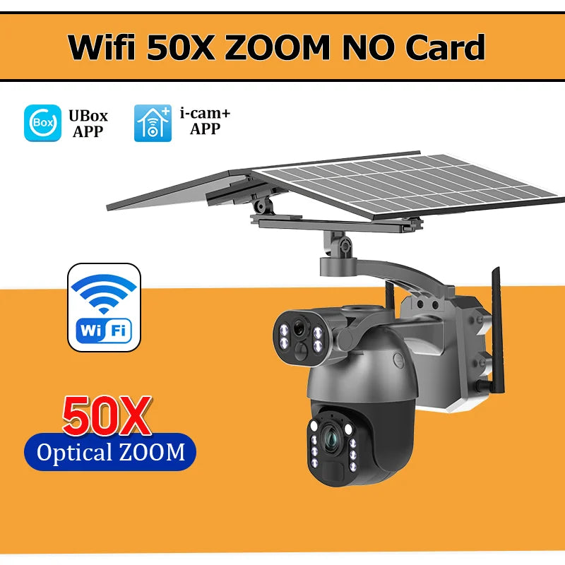 WiFi solar PTZ security camera, dual-lens, solar panel; no SD card included