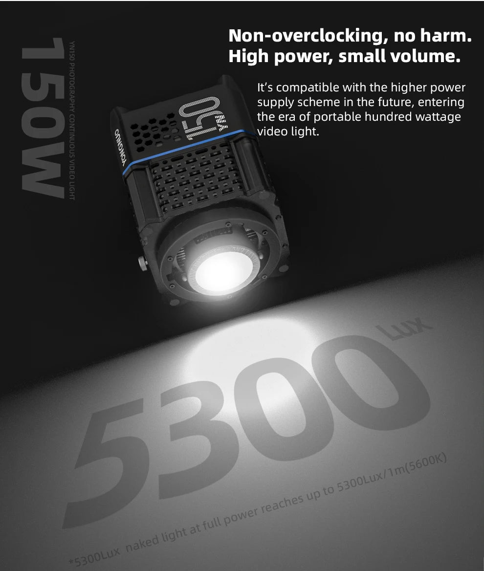 Compact 150W LED video light with a black metal housing and integrated circular cooling vents for photography lighting.