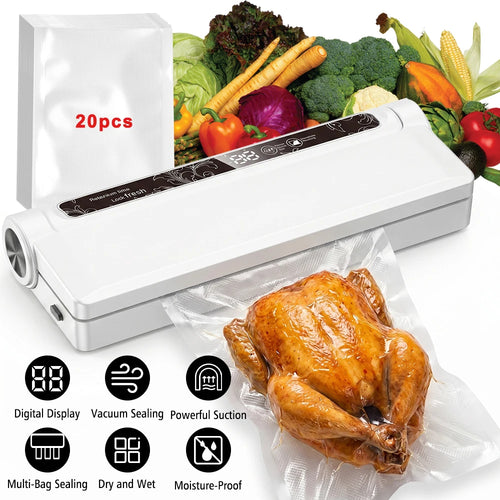 Vacuum food sealer with sealed chicken and included bag pack (20 pcs)