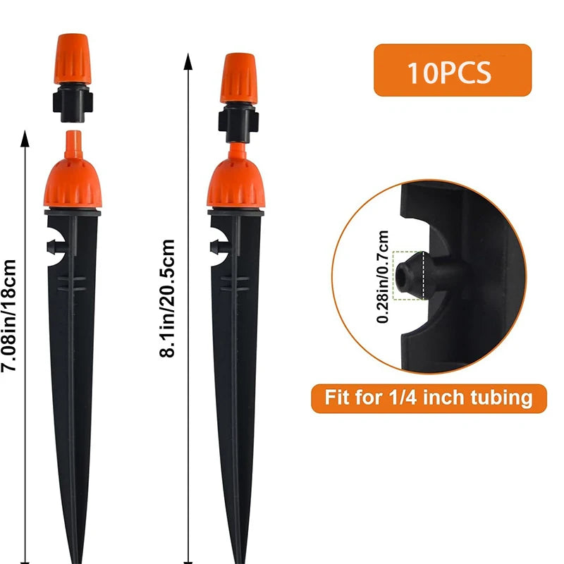 Adjustable 2-in-1 Drip Spray Stake Emitter 360° Mist Nozzle Garden Auto Watering Irrigation Stake for Greenhouse Lawn Plant Pots