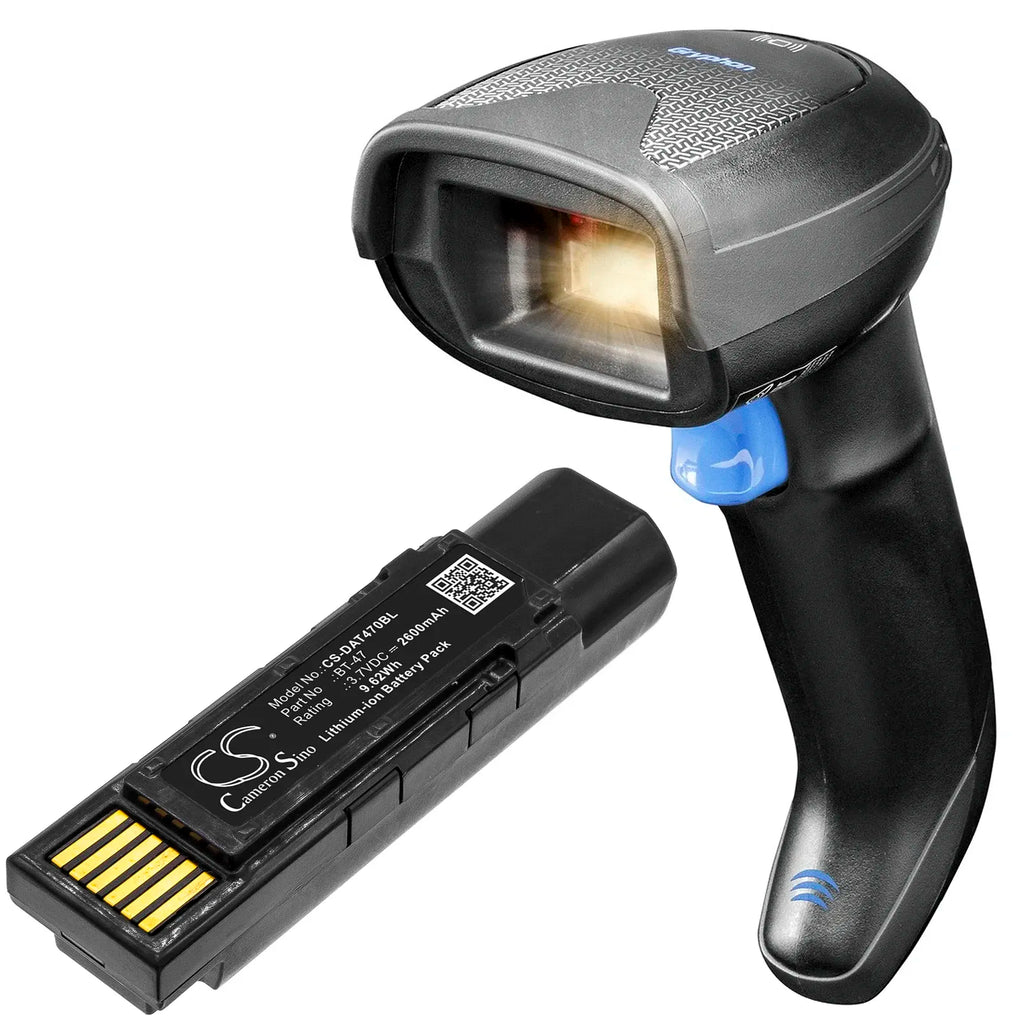 Handheld barcode scanner with black battery cartridge and gold contact strip