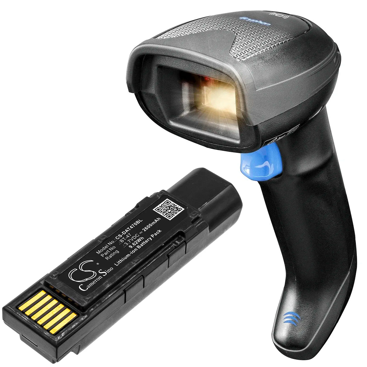 Handheld barcode scanner with black battery cartridge and gold contact strip