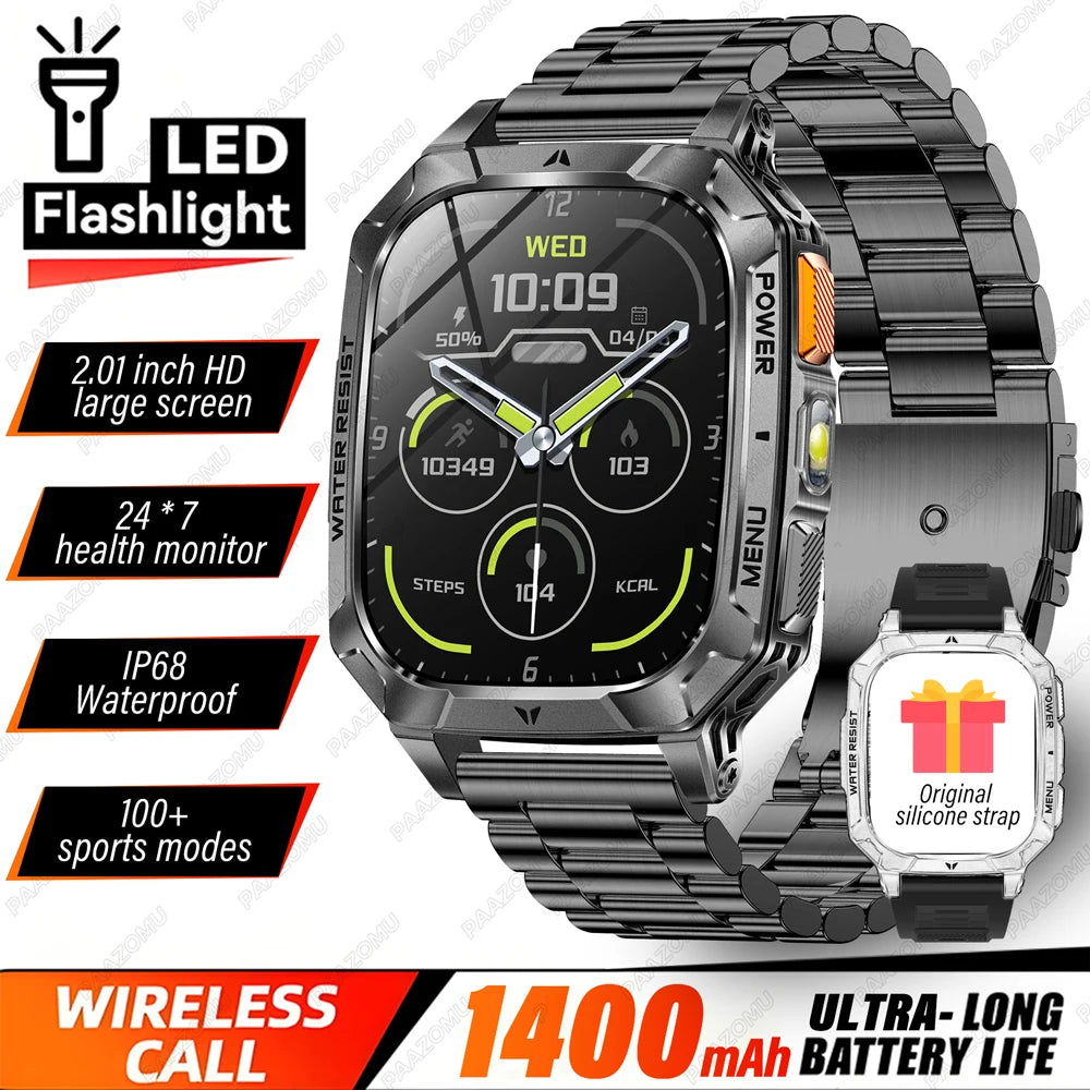 2026 New 1400mAh Big Battery Smart Watch Men Outdoor GPS Flashlight 10ATM Waterproof Bluetooth Call AMOLED HD Sports Smartwatch