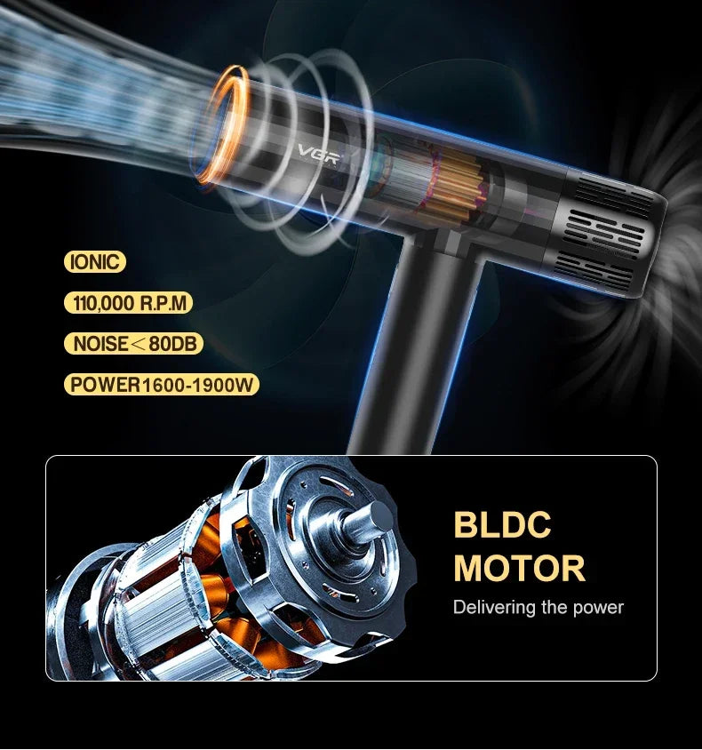 VGR V-427 professional leafless ionic hair dryer with powerful 110,000 RPM brushless motor for salon-quality results.