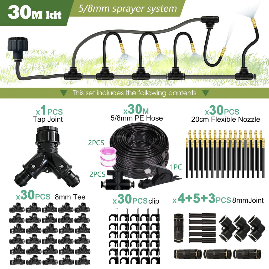 Garden 5-30M 8mm PE Hose 20cm 360° Bending Brass Nozzle Spray Kit Atomized Automatic Irrigation Equipment Plants Mist Wateriing