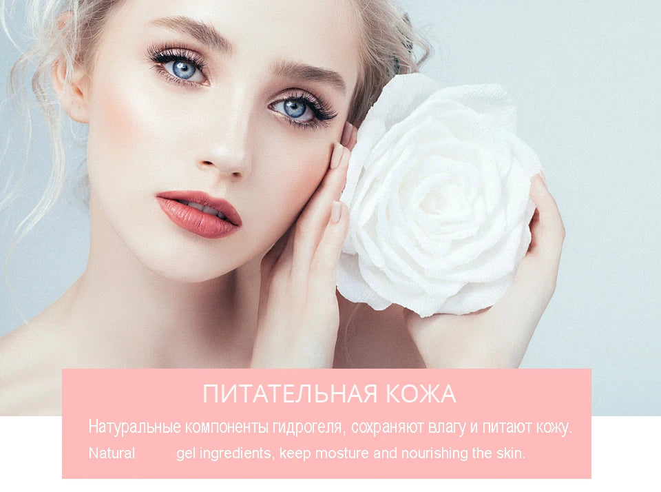 Model with matte pink lips using hydrogel under-eye patches for eyelash extensions and skin nourishment.