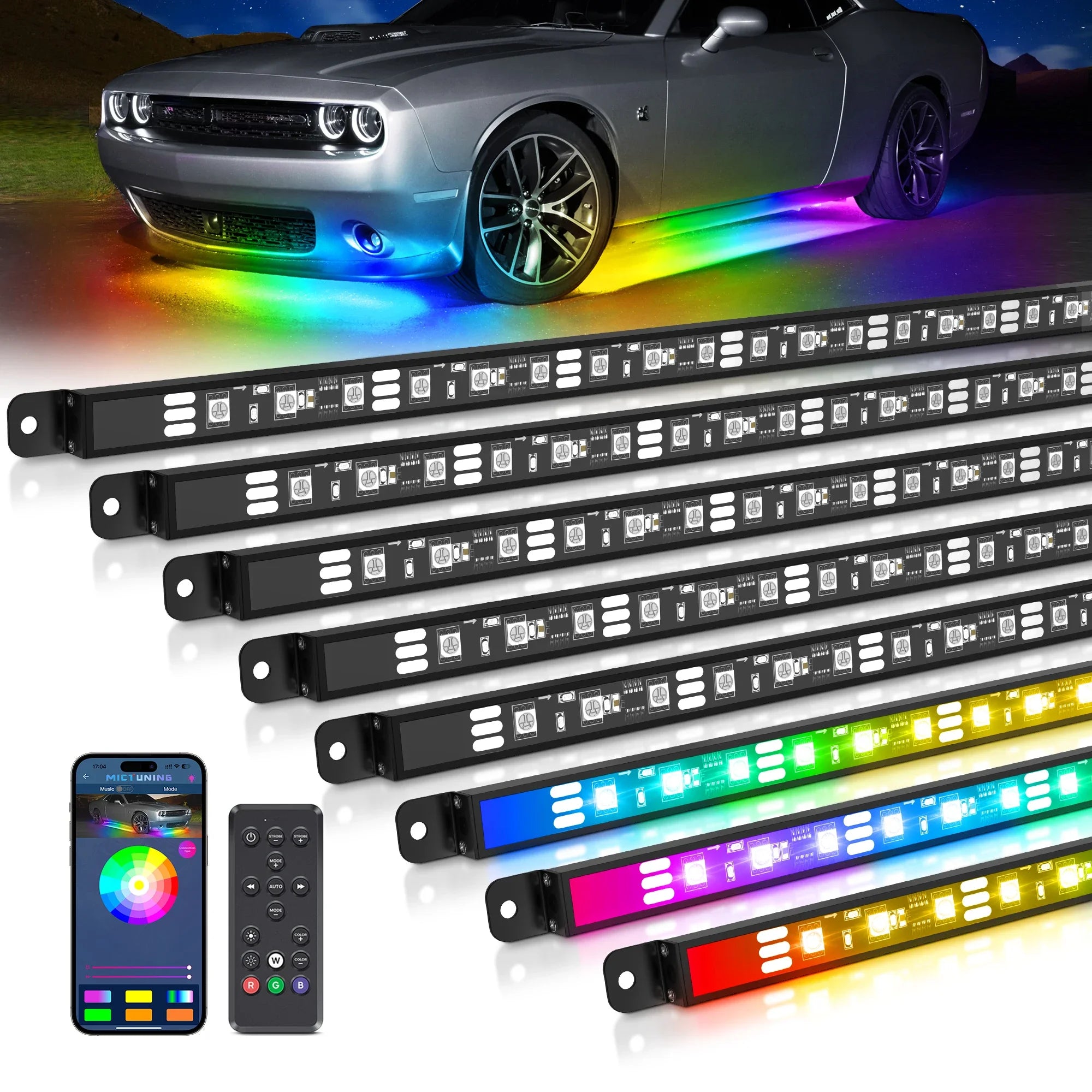 Multi-color LED underglow light strips for cars, with a smartphone app and remote controller for color customization.