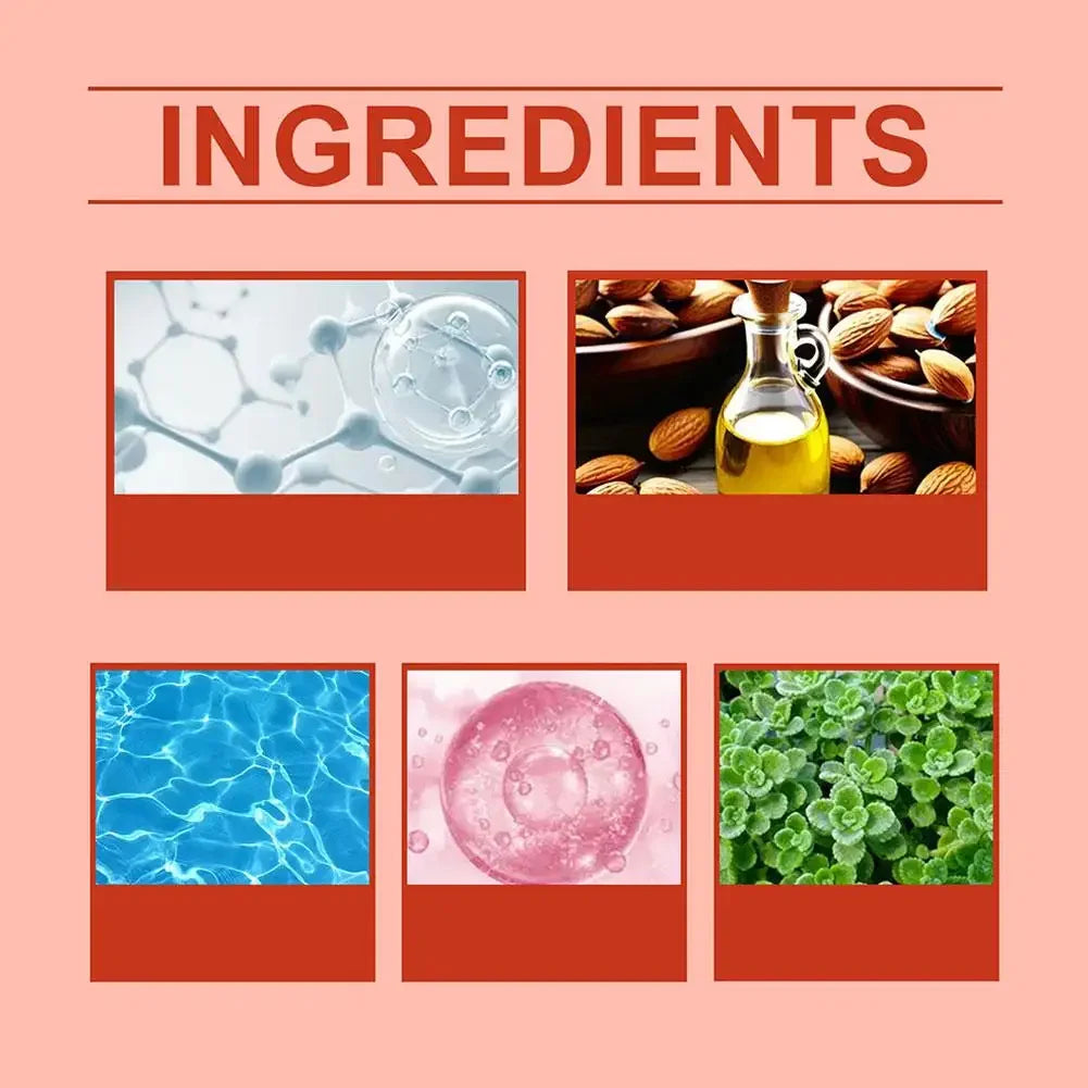 Five-panel collage showing ingredients for body oil: molecular structure, almond oil, water, pink droplet, and mint.
