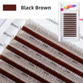 Yelix dark brown 2D Y-lash extensions in a tray, featuring thin, lightweight, premade fans for a natural volume look.