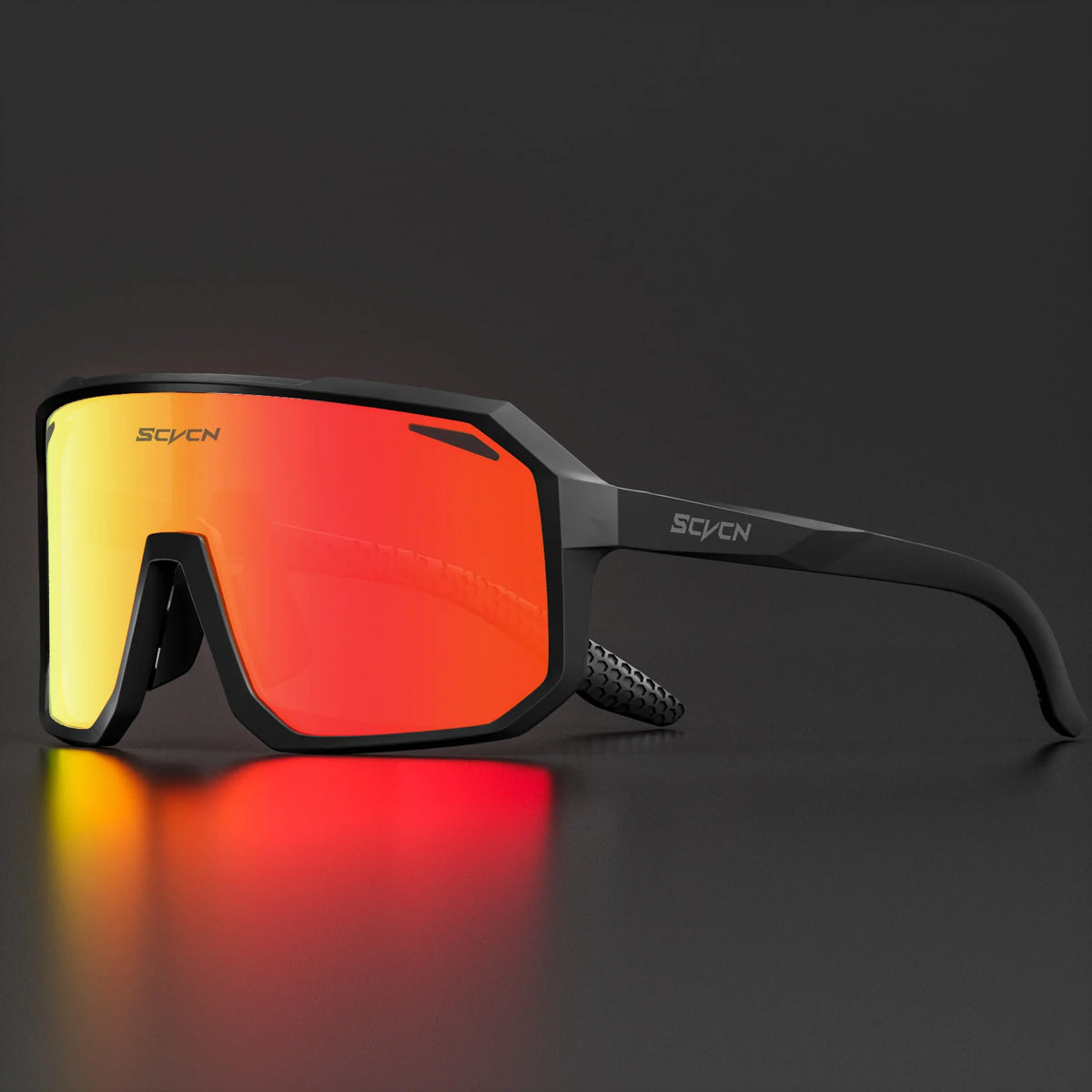 Cycling sunglasses with red mirrored lens, black frame, and yellow side accents