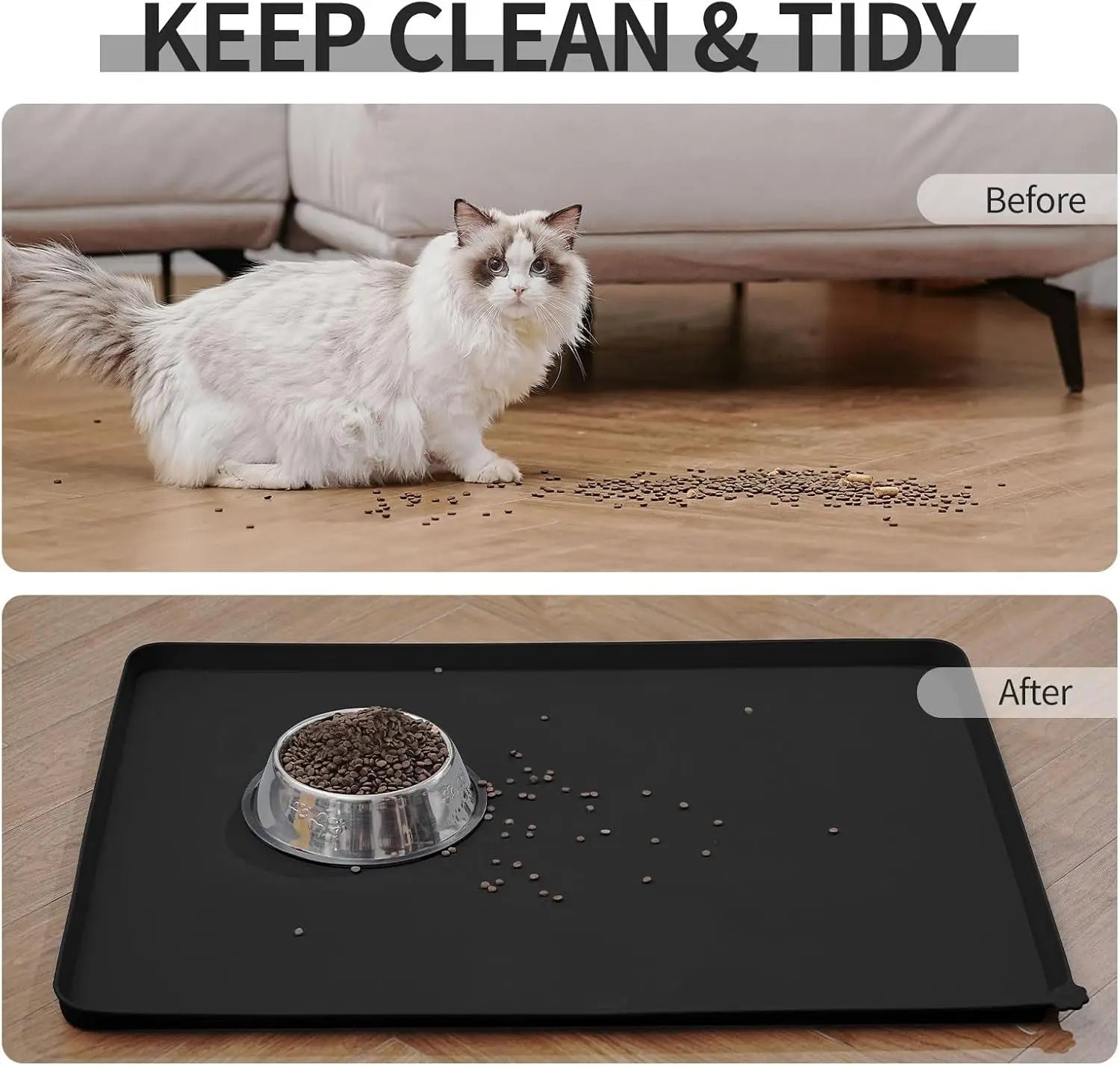 Waterproof silicone pet feeding mat with raised edges to keep floors clean from cat and dog food spills.