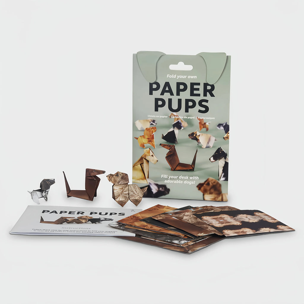 Paper Pups origami kit for dog lovers. Includes paper craft sheets and instructions for DIY handmade dog home decor.