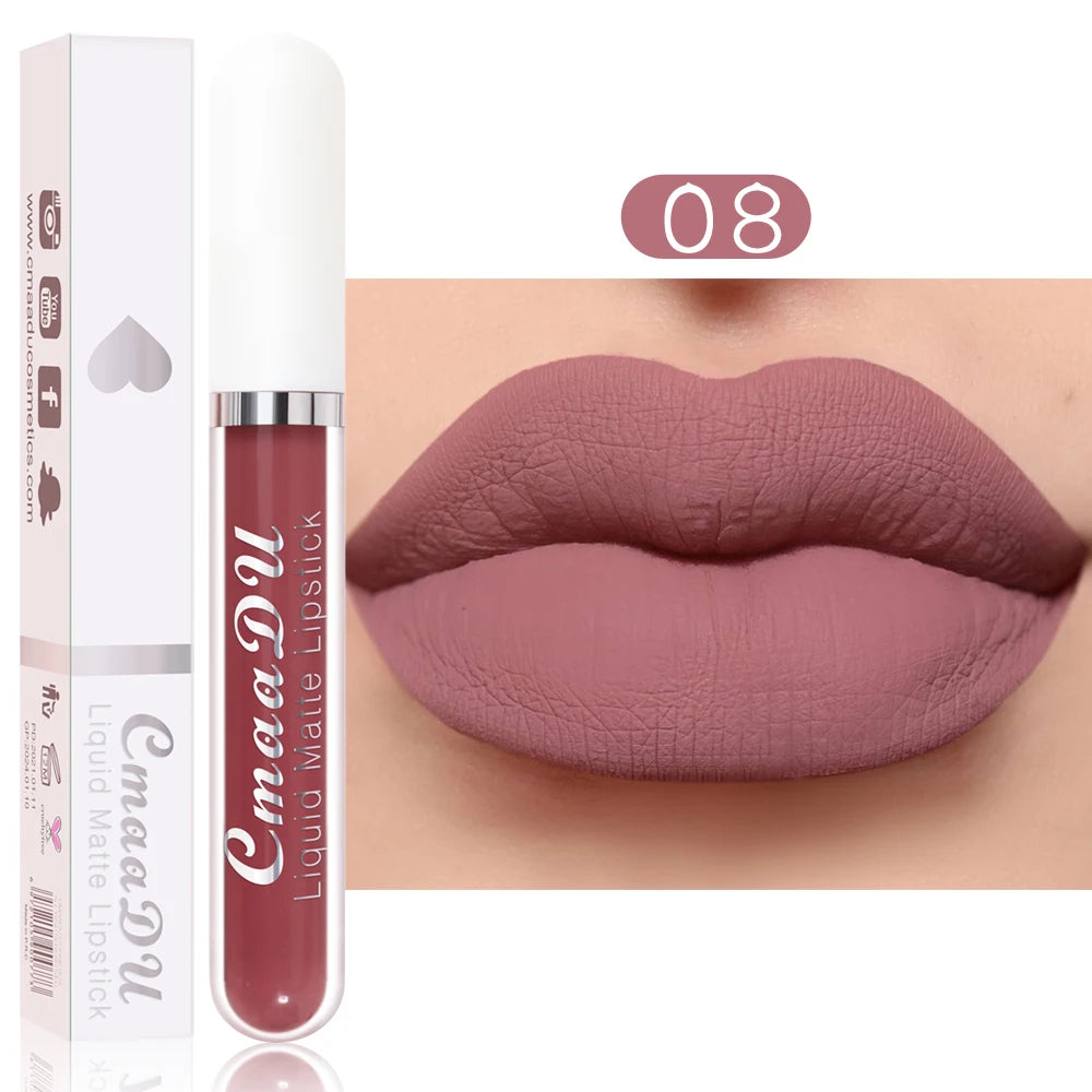CmaaDu long-lasting matte liquid lipstick in shade 08, a waterproof, non-stick mauve rose lipstick for all skin types.