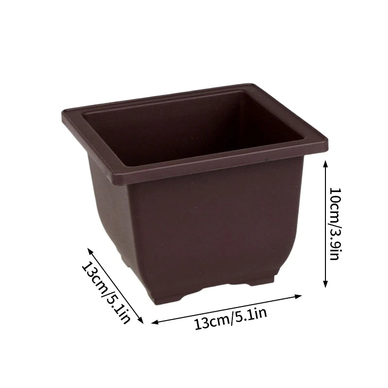 Dark brown square plastic flowerpot with open basin and angled sides