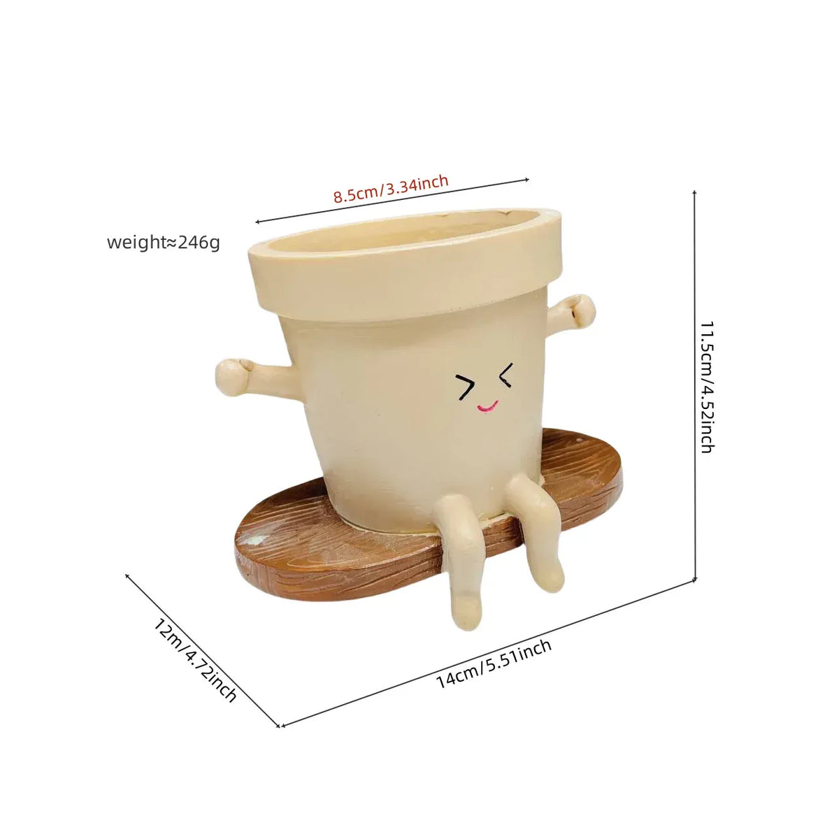 Cream mini succulent planter with wink face and wooden base, size dimensions diagram