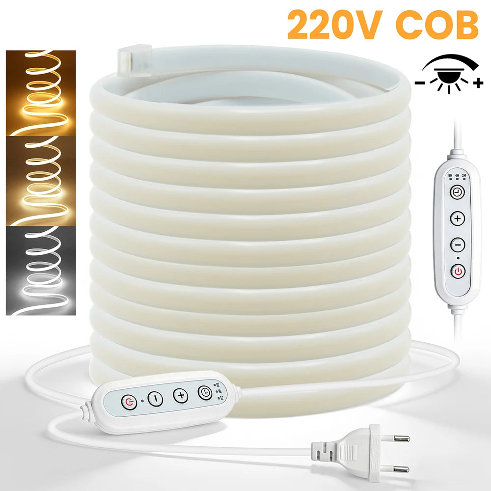 Dimmable 220V COB LED Neon Strip Light 4key Controller EU Plug Flex Tube 3000K 4000K 6000K for Staircase Bar Counter Lighting