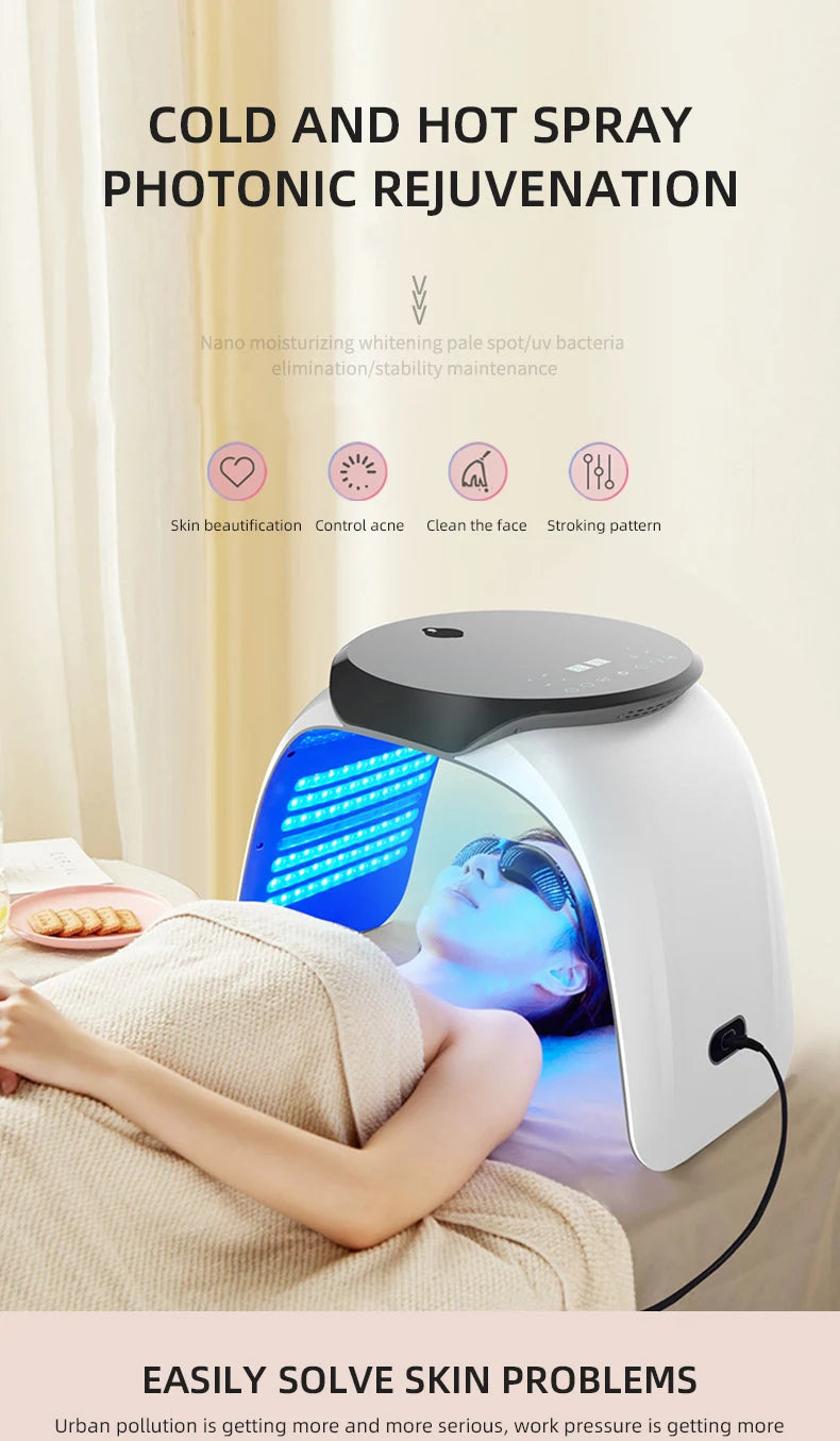 White, arch-shaped facial light therapy device with a black top panel, emitting blue light for skin rejuvenation.