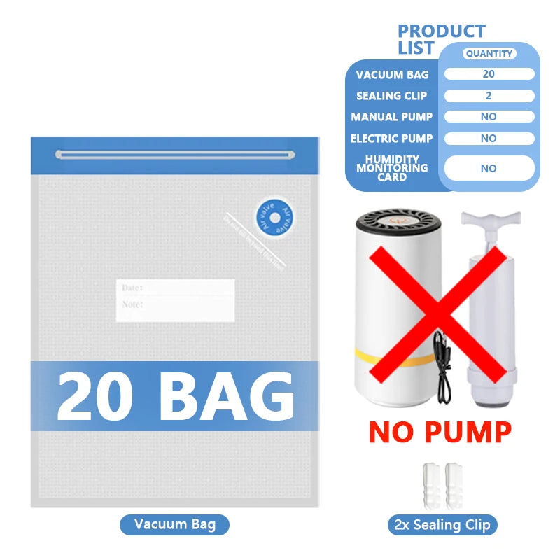 Vacuum sealing bag set for 20 bags with sealing clips (no pump included)