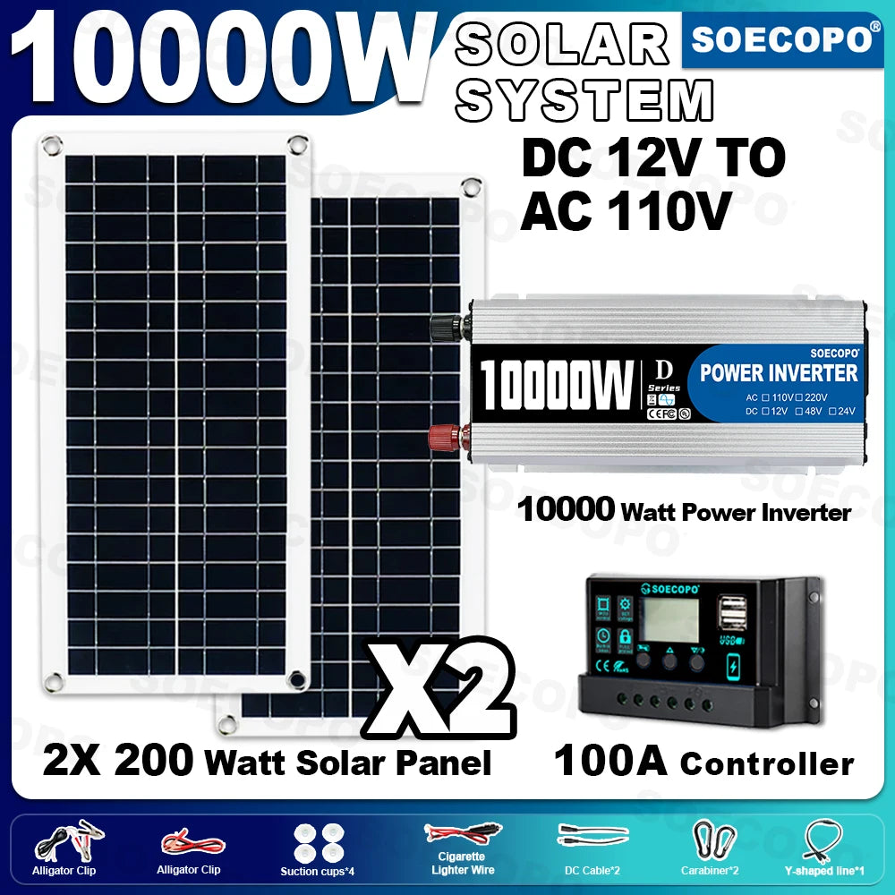 SOECOPO10000W Peak Solar System Kit 2x300W Solar Panels DC 12V 24V - AC 110V/220V Inverter 100A Controller for Home Camping
