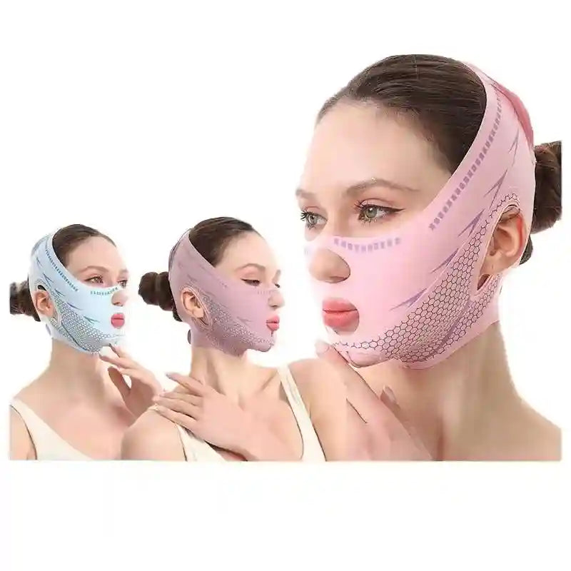 Three women wearing V-line face slimming bandages in pink, light purple, and blue with a honeycomb-textured chin strap.