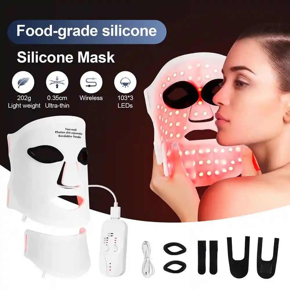 Flexible white silicone LED light therapy mask for face and neck with a handheld controller and adjustable straps.