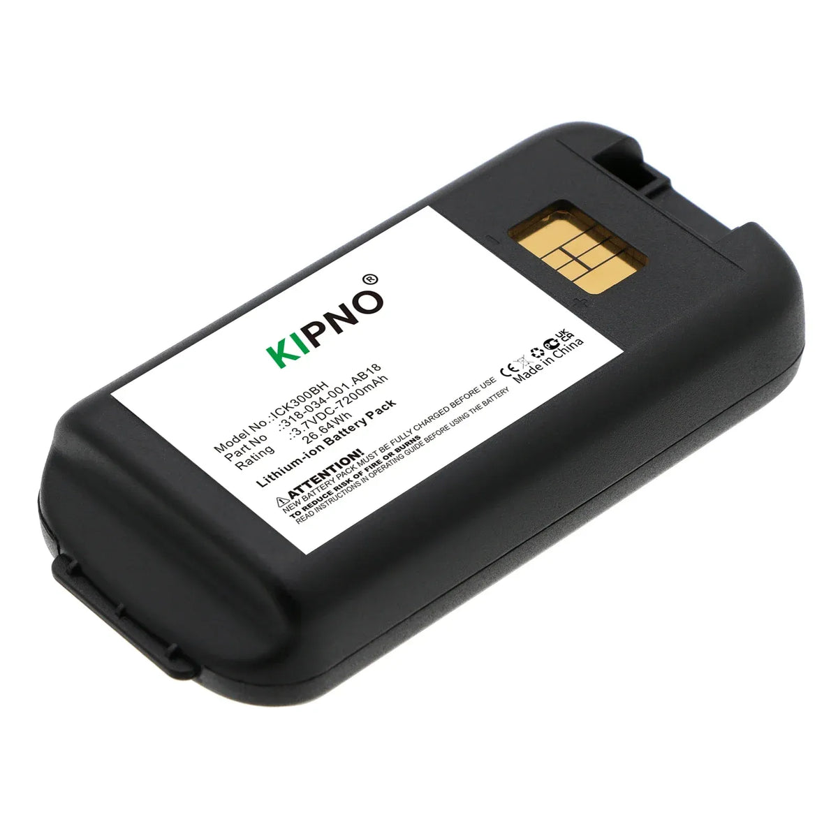 Black battery pack with product label and gold battery contacts on top edge
