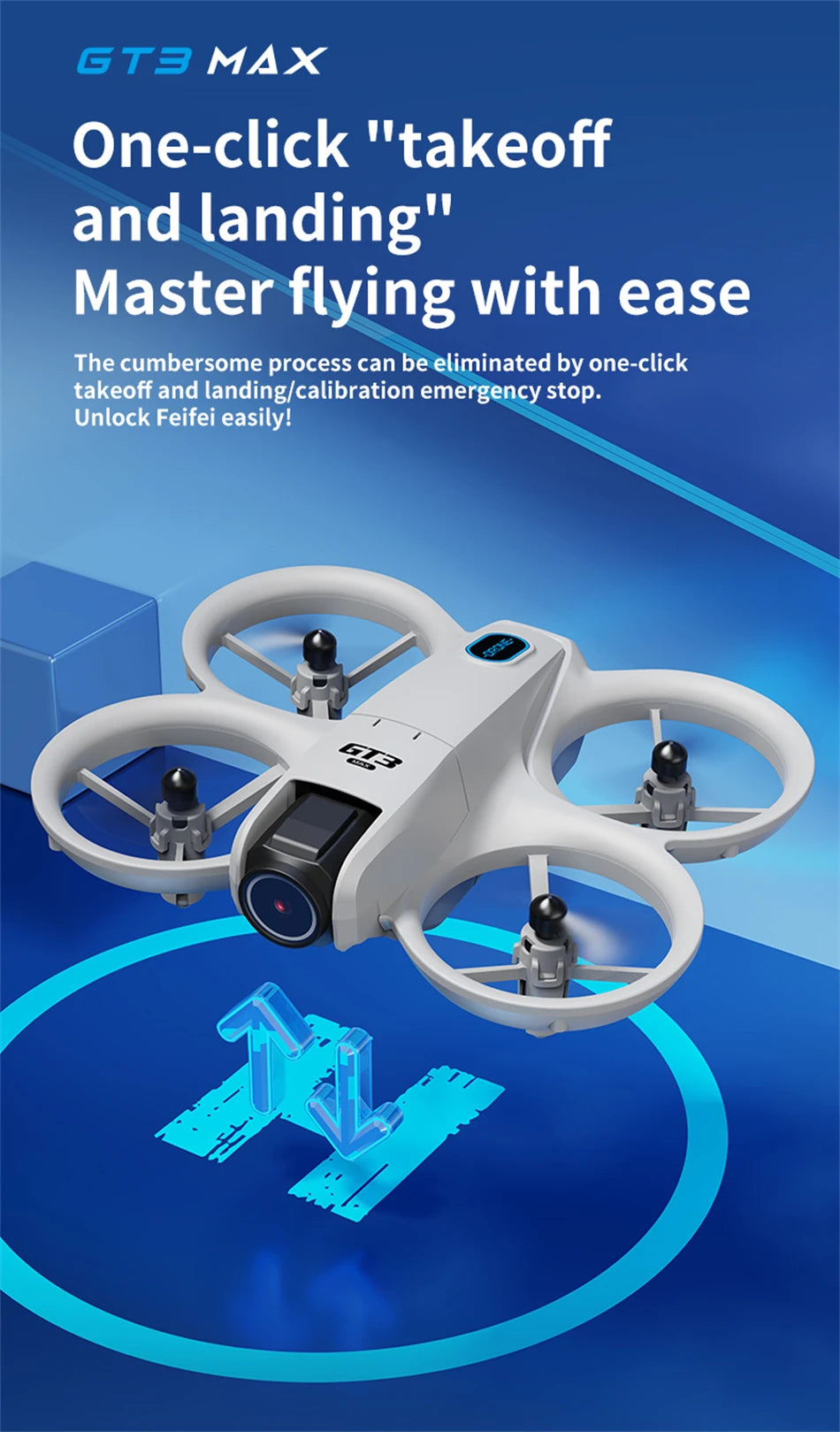 GT3 Max white plastic quadcopter drone with a front-facing camera, propeller guards, and one-touch flight controls.