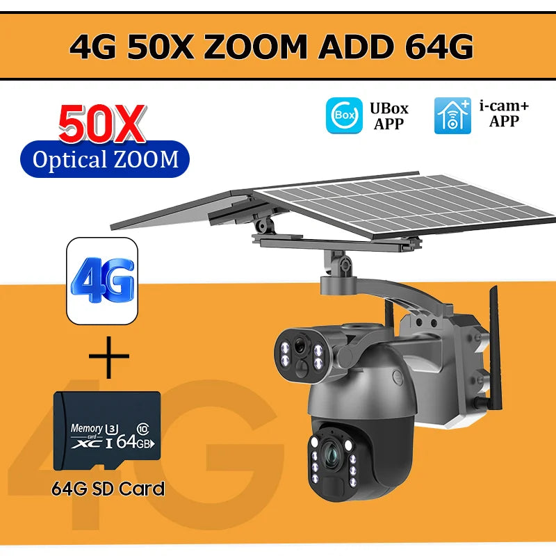 4G solar PTZ security camera, dual-lens, solar panel; includes 64GB SD card