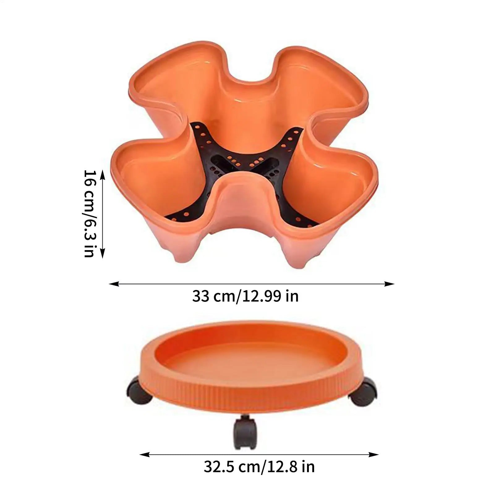 Orange plastic vertical planter insert and round tray base with caster wheels, size diagram