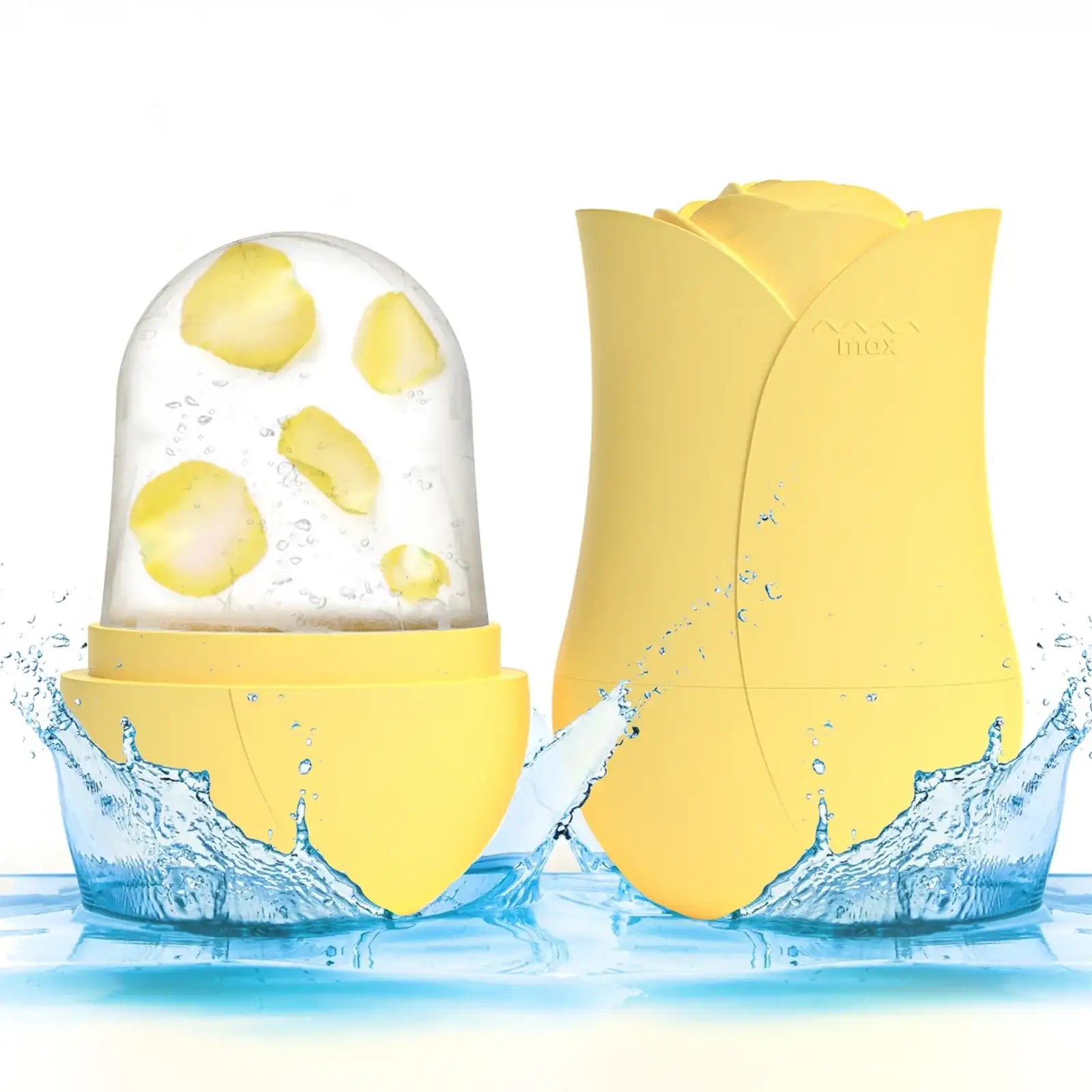 A yellow rose-shaped facial ice roller mold, one side open showing frozen yellow petals, surrounded by water splashes.