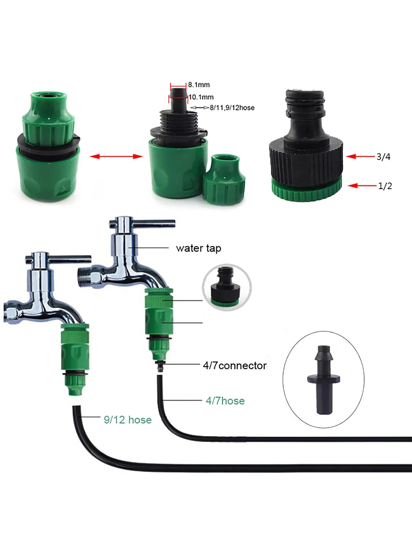 2Pcs Quick Coupling Adapter with 1/4 (ID 4mm) or 3/8'' (8mm) Barbed Connector for Irrigation Garden Watering Gardening Tools