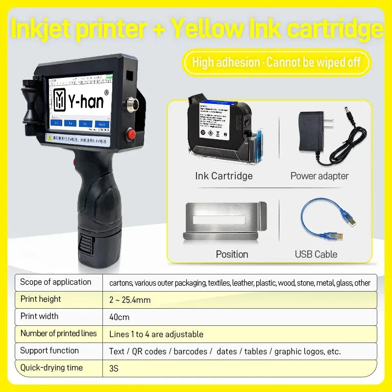 Portable handheld inkjet printer with yellow ink cartridge, power adapter and USB cable