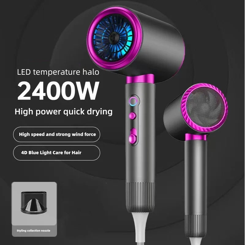 2400W high-speed ionic hair dryer in grey and purple with LED ring, styling nozzle, and powerful quick-dry technology.