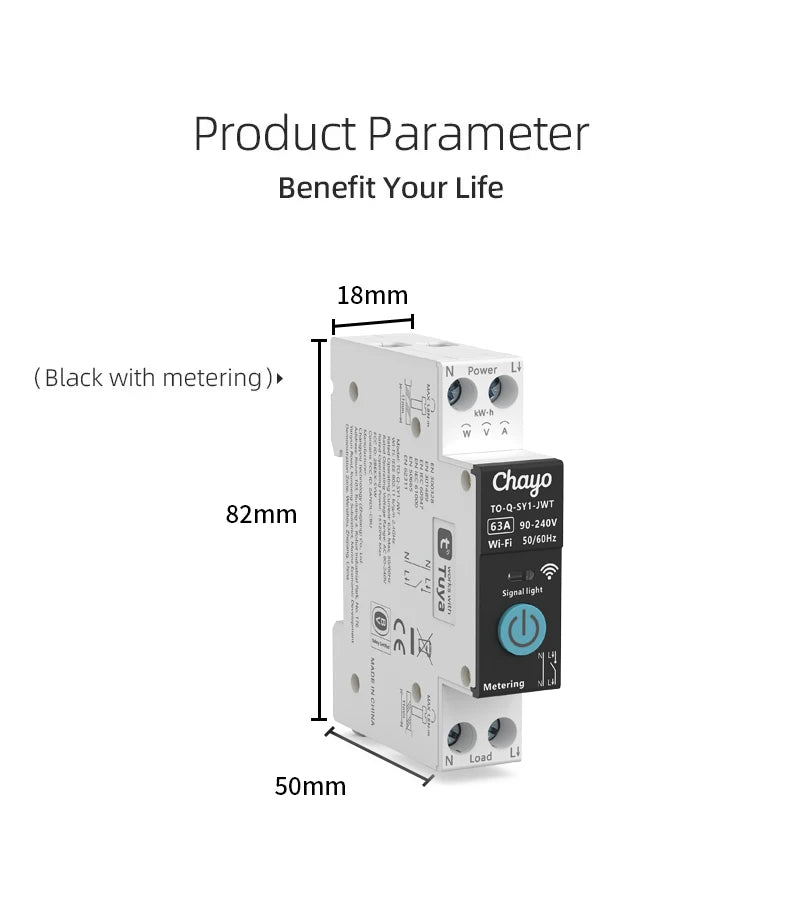 Tuya Wifi Smart Circuit Breaker Switch With Metering 63A1P Din Rail Remote Control Smart Home Smart Life App Timer Module TONGOU