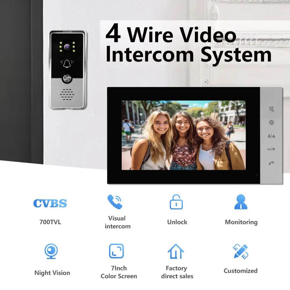 4 Wire 7 Inches Wired Video Doorbell Door Phone Support Unlock, Monitoring, Dual-Way Intercom for Villa Home Office Apartment