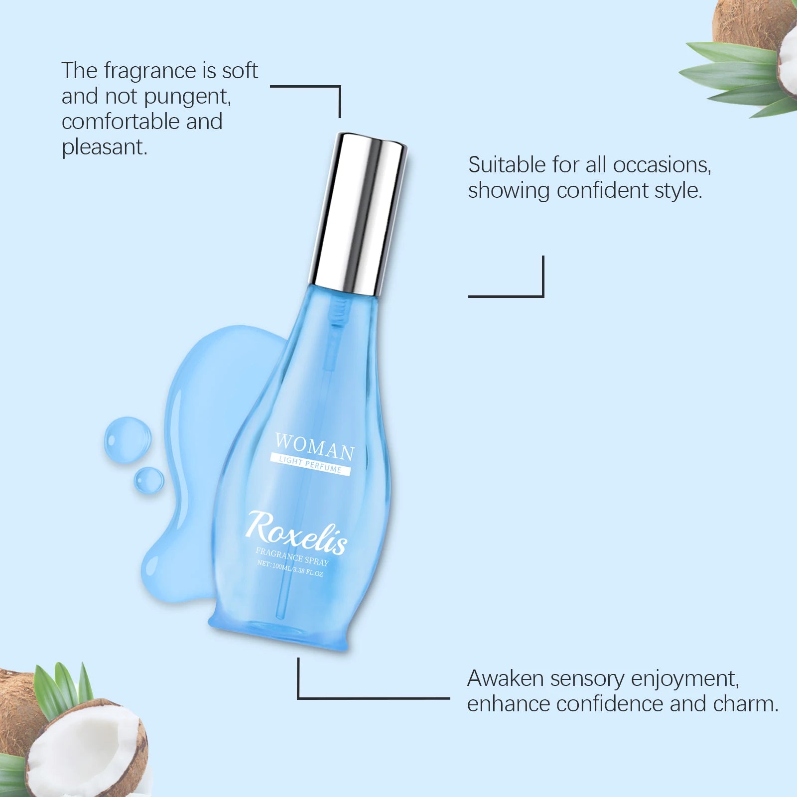 Roxelis Oriental Charm coconut EDT spray for women in a sleek, curved blue glass bottle. Fresh oriental perfume.