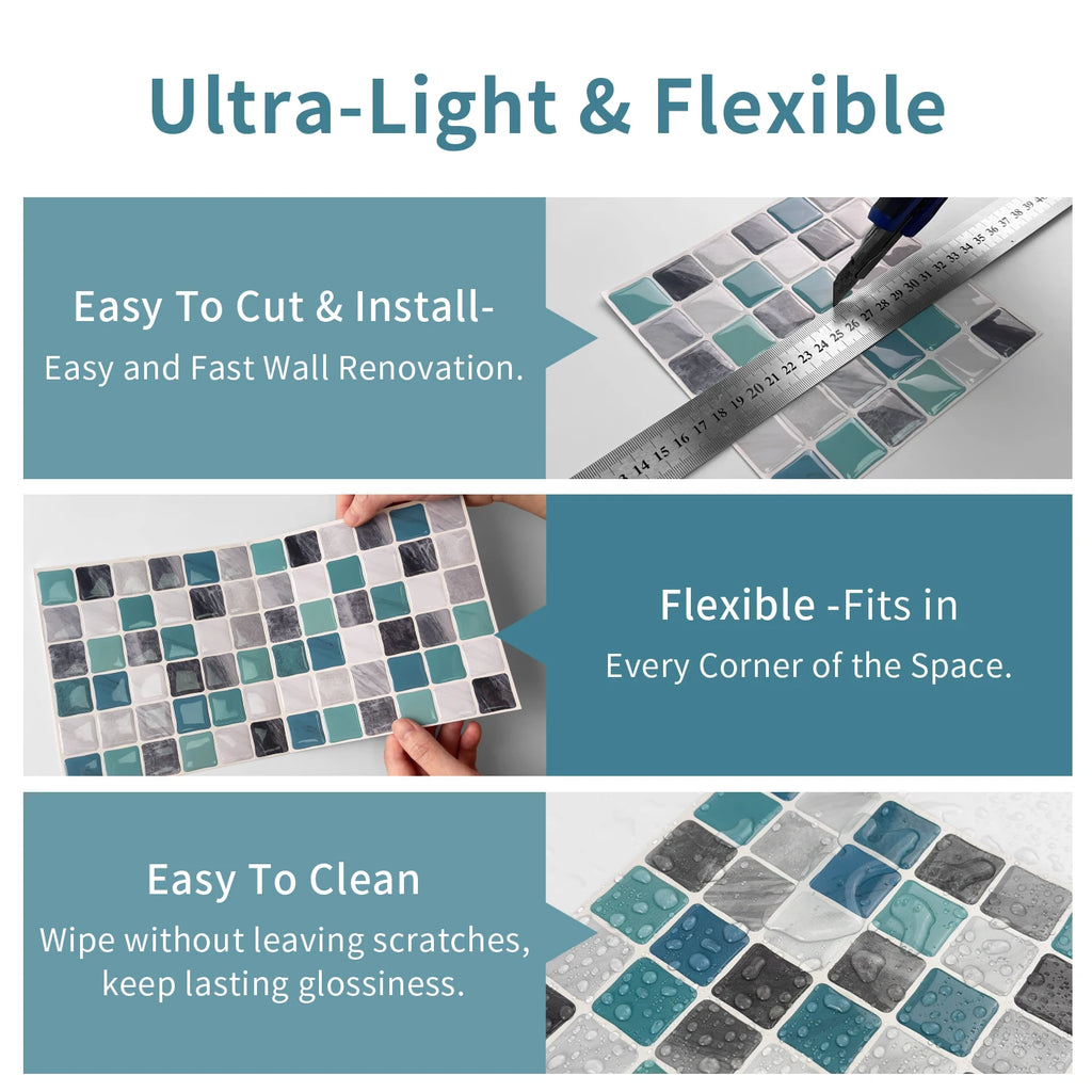 Mosaic tile stickers, removable self-adhesive wall decals, waterproof peel and stick backsplash, suitable for kitchen