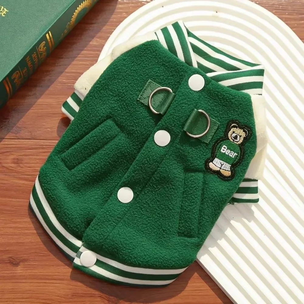 Green fleece baseball jacket for dogs and cats with D-ring, warm winter coat with snap buttons for outdoor walks.