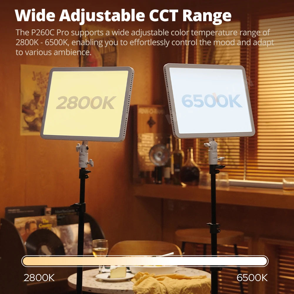 P260C Pro rectangular LED light panels on stands, displaying adjustable color temperatures from 2800K warm to 6500K