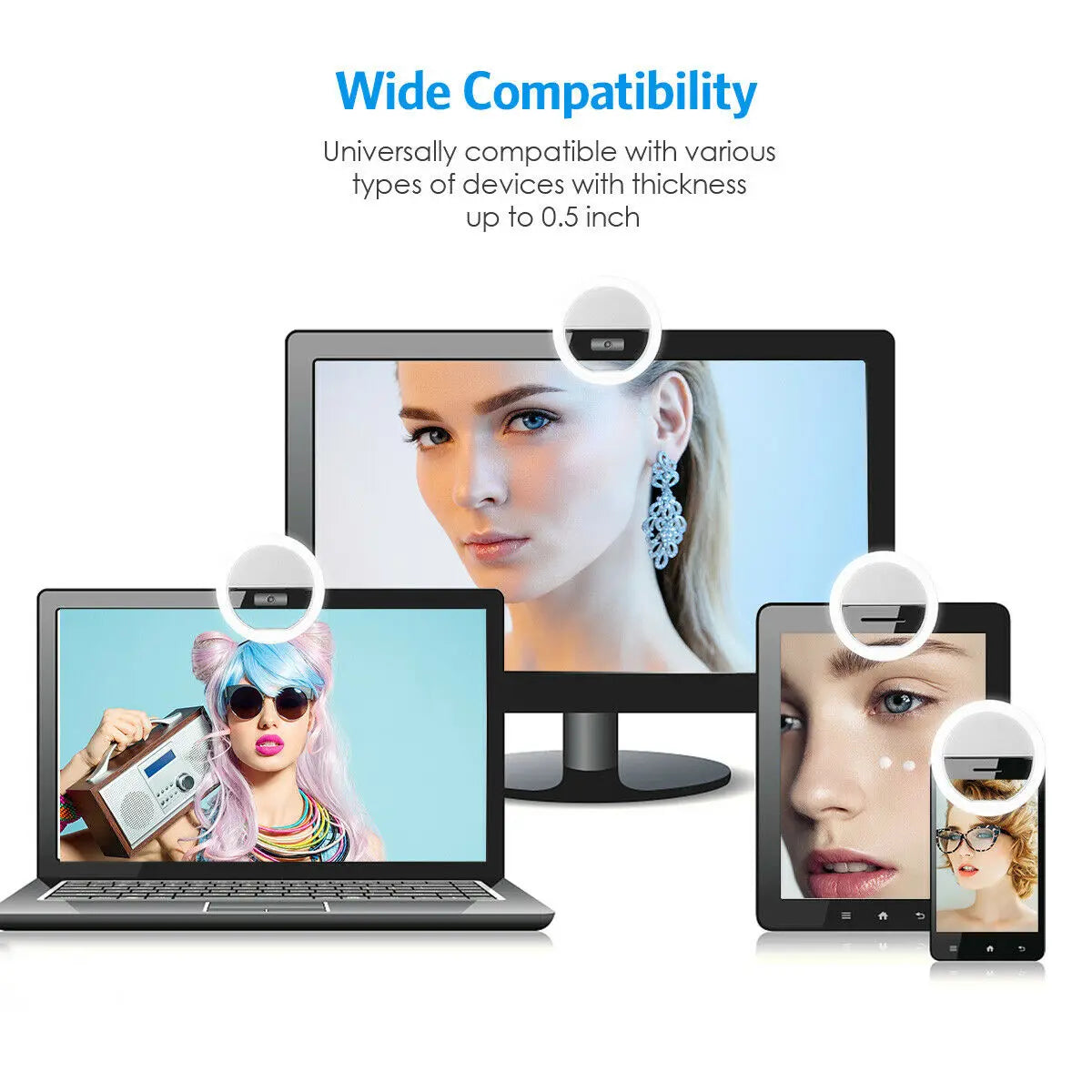 Small circular clip-on LED ring light mounted on laptop, monitor, and phone screens to provide lighting for webcams.