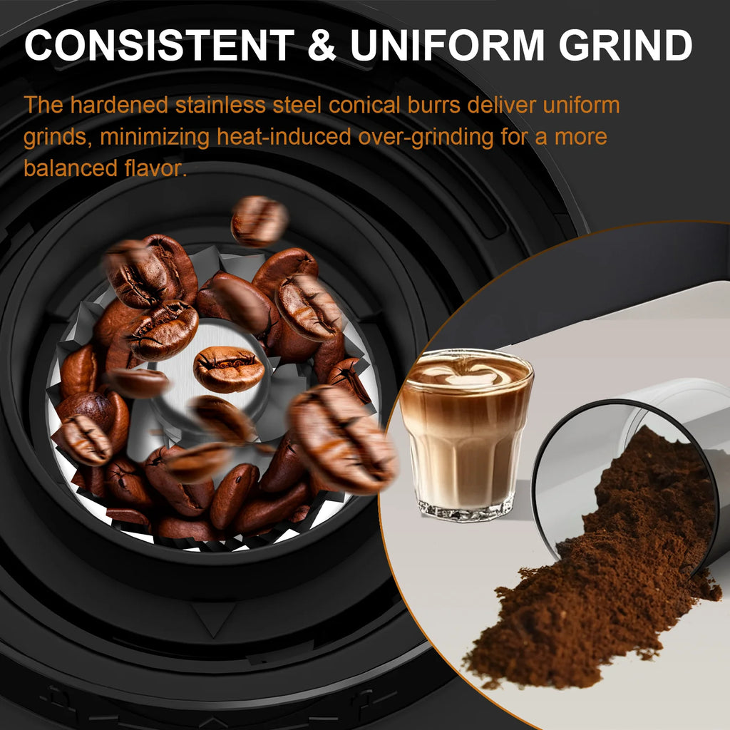Black coffee grinder with stainless steel conical burrs showing roasted beans and fresh, consistent coffee grounds.
