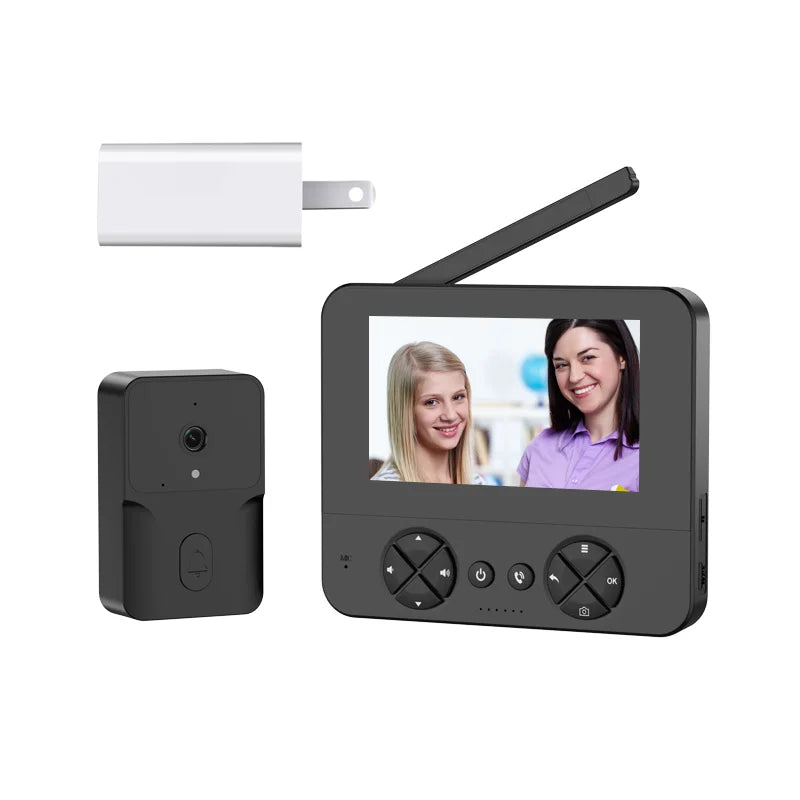 Wireless video doorbell system in dark color with outdoor camera and handheld-style monitor
