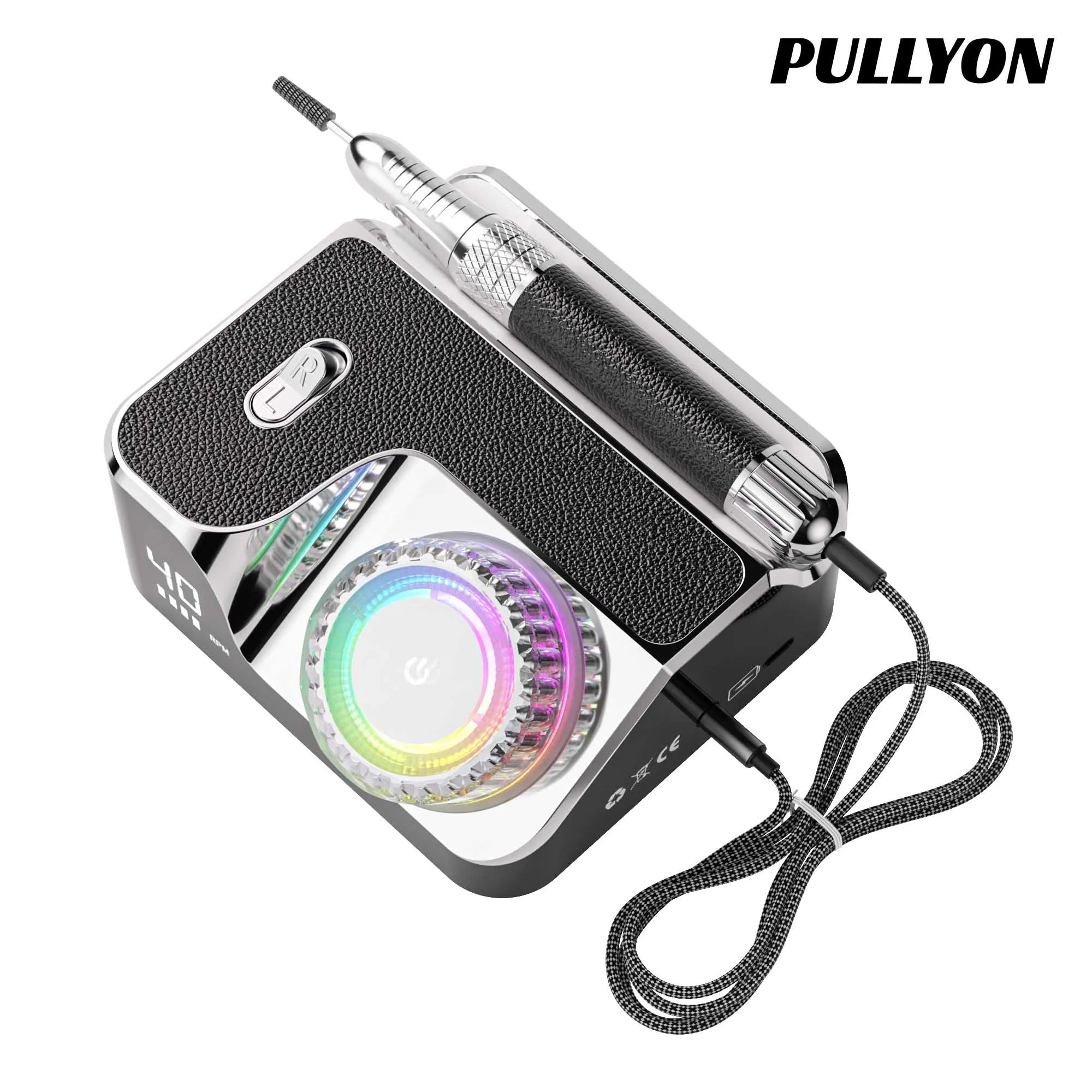 Luxury 40000RPM rechargeable electric nail drill machine with LED display and RGB light ring for manicure and pedicure.