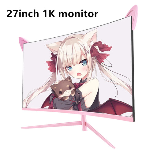 27-inch curved gaming monitor with pink stand, showing screen graphics and thin bezels