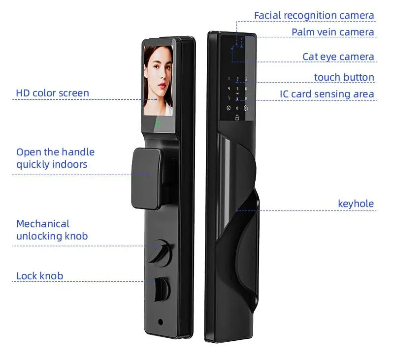 Tuya App Security Lock, Waterproof Smart Door Locks with 3D Face & Palm Recognition Camera Video, Smart Lock Suitable for Israel