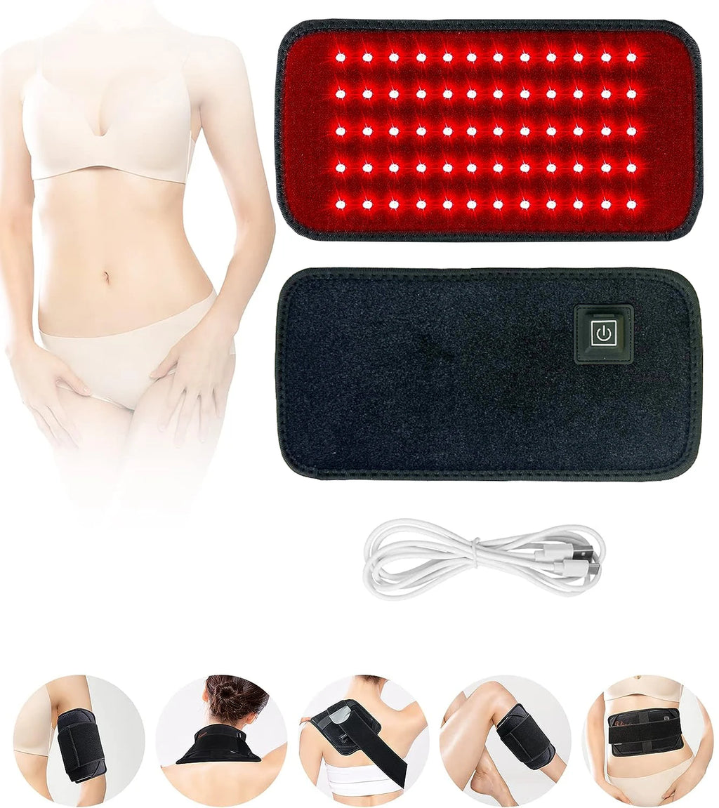 Red and infrared light therapy belt with 60 LEDs, power button, USB cable, and examples of use on body parts.