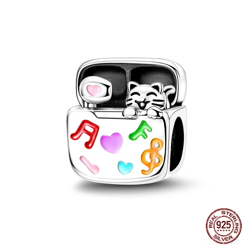 925 sterling silver cat charm for bracelets with colorful music and heart enamel details, perfect for pet lovers.