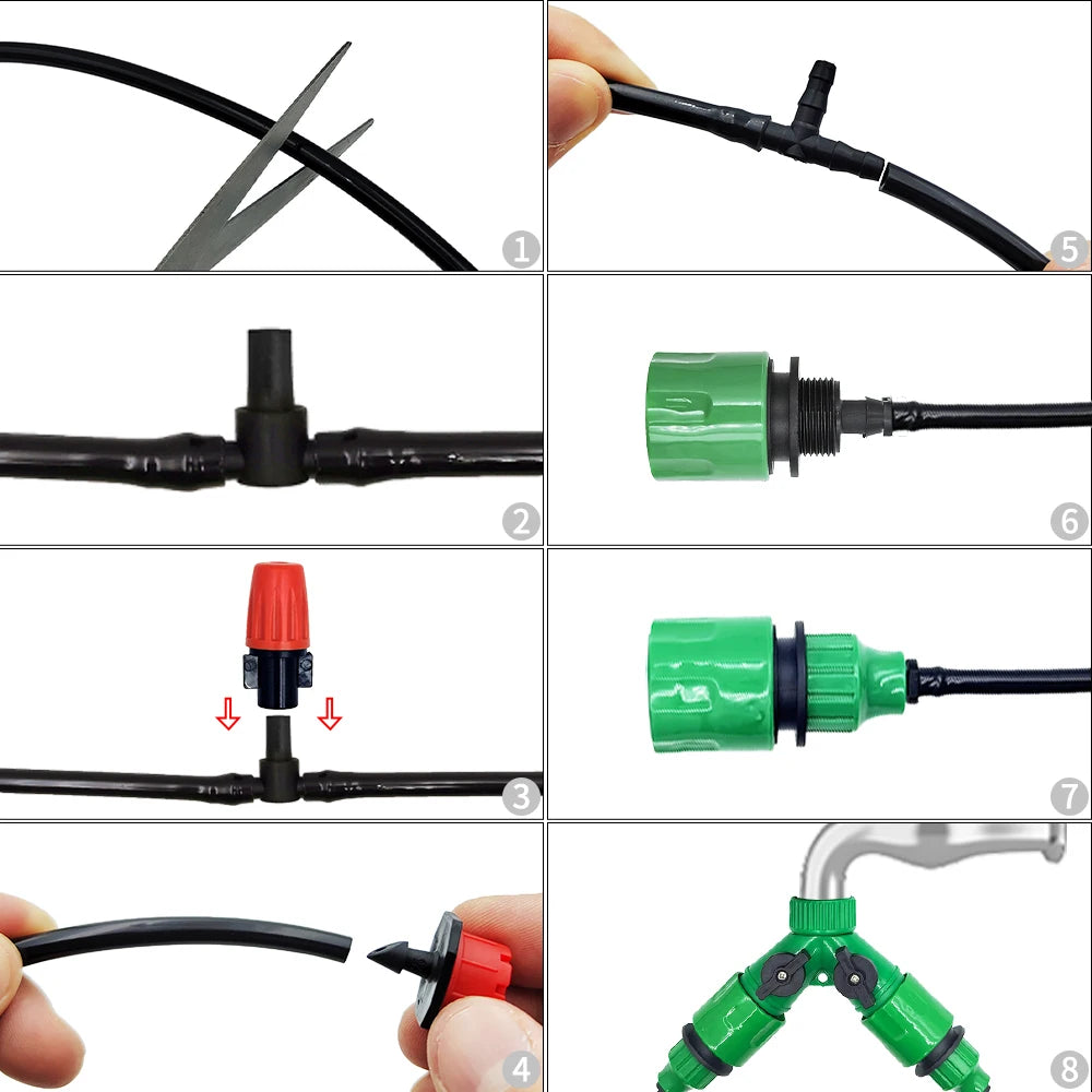 Drip irrigation hose fittings with black tubing, T-connector, and green water tap ends