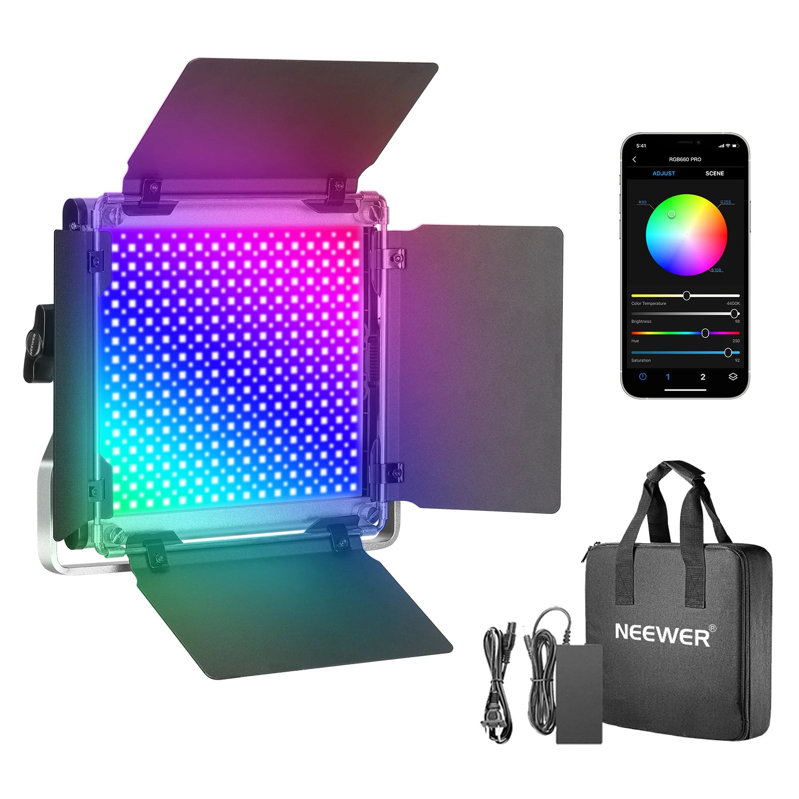 Square LED video light panel with metal barn doors, app-controlled color settings, power adapter, and carrying case.