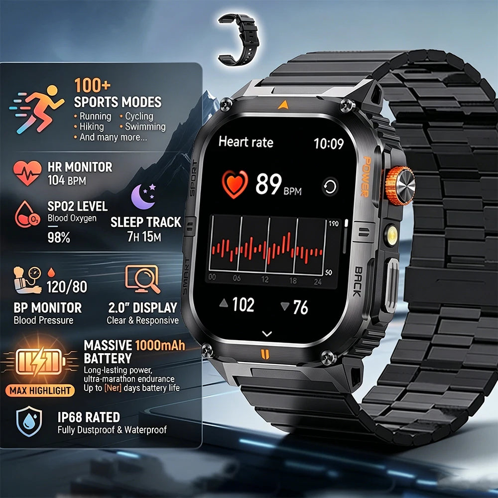 Hot Sell Gifts 2026 New Military SmartWatch Men Outdoor Sports IP68 Waterproof  LED Bluetooth Call Health Monitoring Men Women